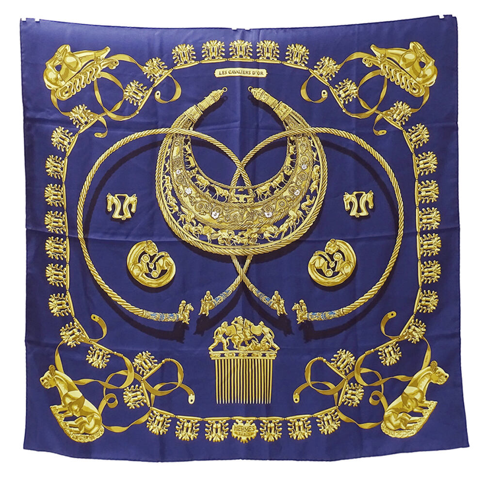 Hermes scarf/muffler for women, brand name, Carre 90, LES CAVALIERS D'OR (Gol...